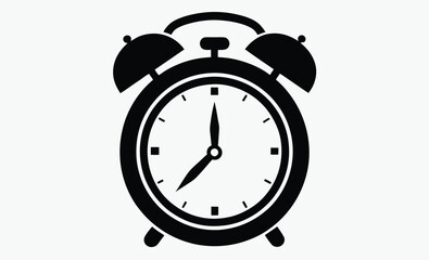 alarm clock silhouette, black and white vector icon, time management symbol, wake-up clock illustration, silhouette black and white alarm clock, classic retro clock design 