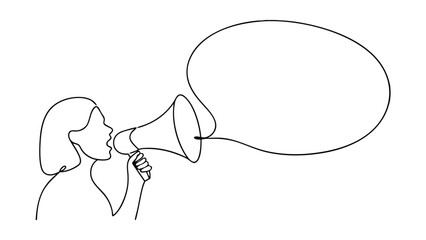 Woman Announcing News with Megaphone, Oneline Drawing, Speech Bubble