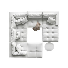 Contemporary white sofa aerial view, isolated on transparent background. PNG element.