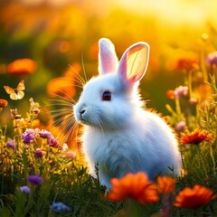 "A tiny white rabbit with fluffy fur and big, curious eyes, sitting in a field of colorful wildflowers under the warm golden sunlight. Its soft ears twitch as butterflies flutter nearby.