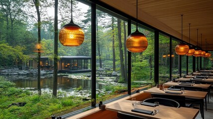 The restaurant features a beautiful view of trees and water