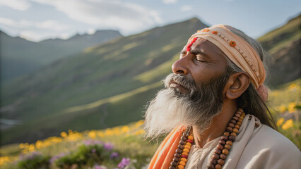 Fototapeta premium A serene Indian Yogi, lost in contemplation amidst the majestic mountains.Peaceful focus, captured in a moment of quiet contemplation.