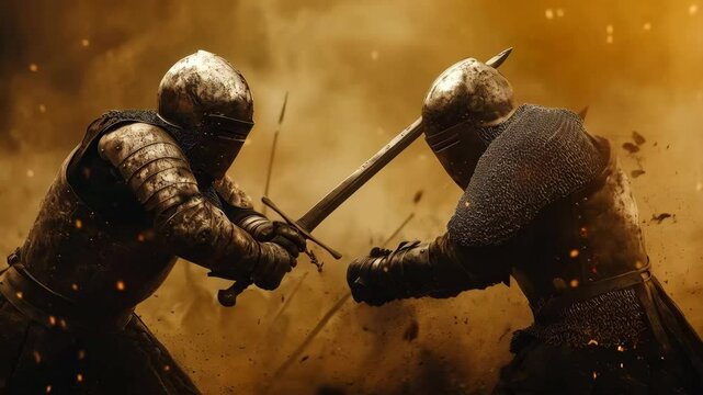 Intense sword fight between armored knights in a dusty arena during a medieval tournament