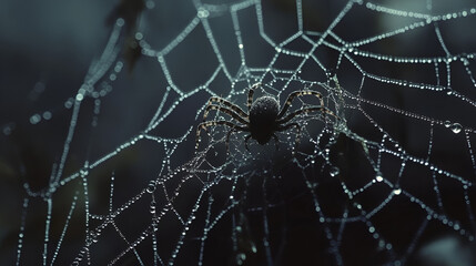 Spider on Dew-Covered Web in Moonlight