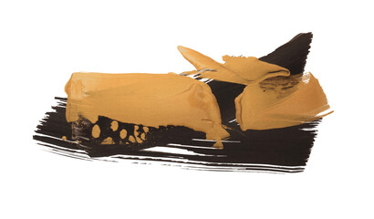 Art oil, Acrylic brush stroke smear painting blot. Abstract relief texture gold, bronze, black color stain isolated on white background.