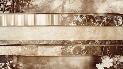 Strips of vintage sepia-toned photographs mixed with embossed foil patterns