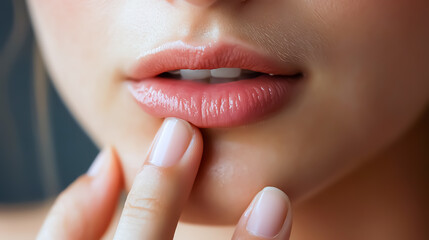 Naklejka premium Closeup of chapped lips with a visible sore, woman pressing fingers against her mouth, discomfort expression, hyperrealistic shot