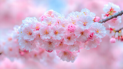 Pink cherry blossoms, spring rain, blurred background, nature beauty, website banner