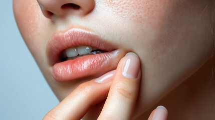 Closeup of chapped lips with a visible sore, woman pressing fingers against her mouth, discomfort expression, hyperrealistic shot