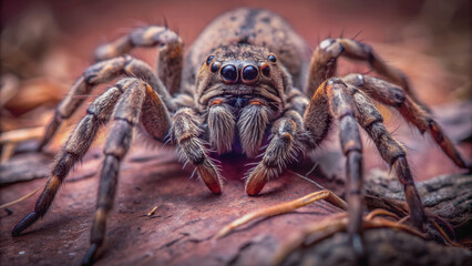 Close-up view of a large spider, showcasing intricate details of its legs and body.A spider's formidable presence, captured in sharp focus against a textured background.