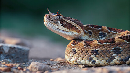 Fototapeta premium Close-up view of a venomous pit viper, showcasing its intricate scales and alert posture.A venomous snake, its head held high, poised for action in its natural habitat.