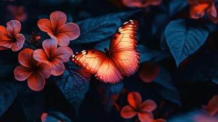 A glowing butterfly resting on one blossom, bridging women's day themes and earth day efforts