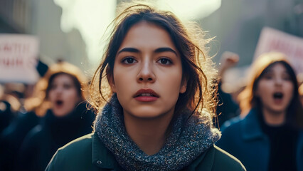 A photo of a crowd of people protesting on the street, their faces full of determination and anger.