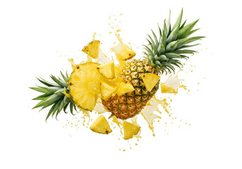 Pineapple explosion with juice and pieces in air isolated on transparent background, Exploding Pineapple with Splashing Juice, White Background, Fresh, Tropical Fruit, Pineapple, Splash,
