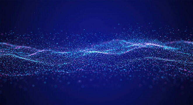 Background with glowing light blue and purple lines, particles of data flowing in the air.