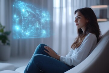 Woman contemplates a futuristic, holographic data projection, visualizing complex information.