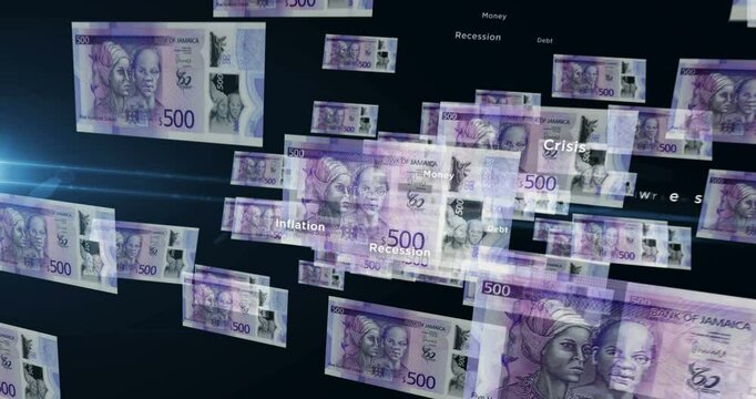 Jamaica dollar 500 JMD banknote loop. Flying between transparent money Jamaican note. 3D seamless looped abstract concept of business, economy, finance, crisis and banking.
