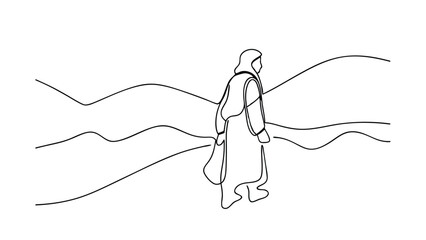 Solitary Figure Walking Serene Mountain Landscape Oneline Drawing