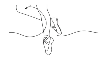 Line art drawing of a ballerinas legs and feet in pointe shoes. Simple, elegant style, emphasizing graceful posture and footwear. Minimalist aesthetic.