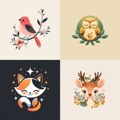 Naklejka premium Four illustrations: A bird on a branch, a serene owl, a sparkling kitten, and a cute deer surrounded by foliage, each in a unique color block. Calm, inviting imagery.