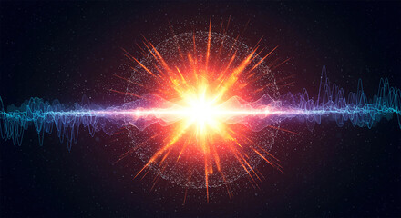 Abstract fiction vector illustration quantum computer technology. Sphere explosion background. Deep learning artificial intelligence. Big data visualization algorithms. Waves flow. Quantum explosion