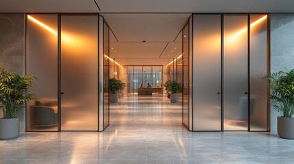 Modern Office Interior with Elegant Glass Partitions and Lighting