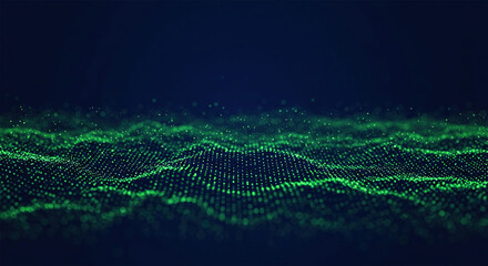 Green particles wave background. Abstract dynamic network. Big data technology. Navy blue background, with copy space.