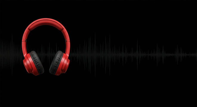 Horizontal banner with Scarlet color Podcast headphones and waveform black color background, copy space.