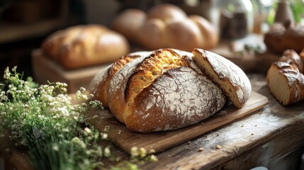 Rustic wooden table with freshly baked artisan bread loaf