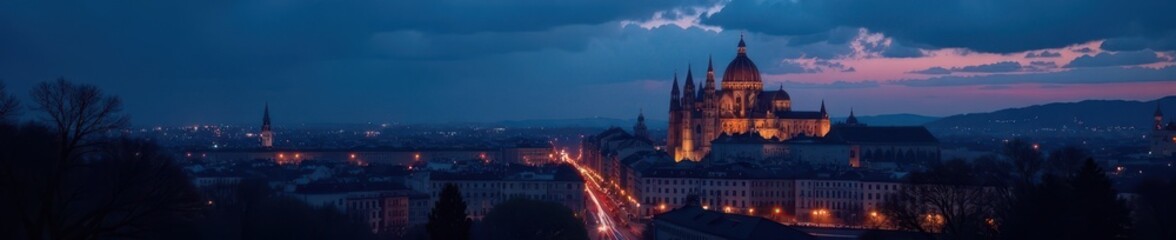Fototapeta premium Darkened cityscape at night with Angers Cathedral illuminated , angers, old town, night