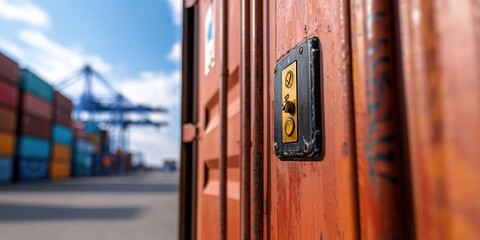 cargo security measures, close-up of a sealed shipping container door, set against a bustling port with vibrant container stacks in the background