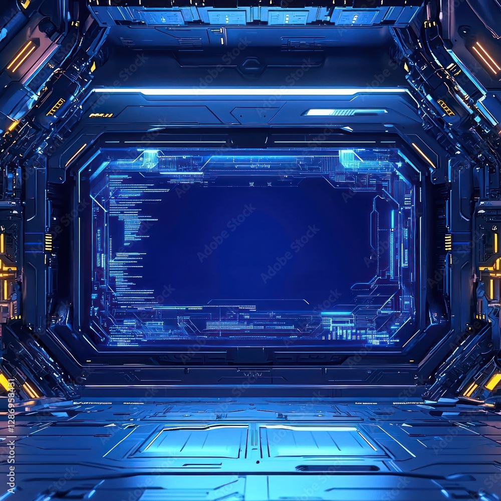 Poster futuristic interior of a spacecraft with glowing interface screen showing code