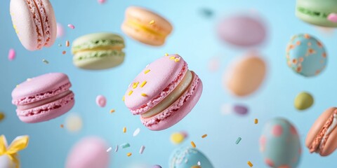 Flying pastel macarons with Easter decorations on radiant backdrop