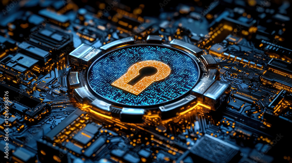 Poster glowing data firewall protects digital networks against cyber threats in a futuristic representation