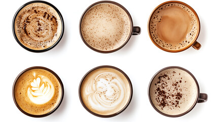 Aromatic coffee foam isolated on white, set. Top view