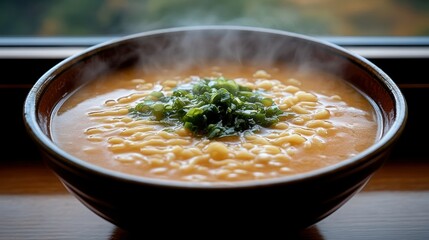Hot instant ramen in a bowl by a window