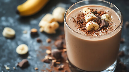 Macadamia milk smoothie with cacao and bananas, vibrant healthy drink concept, bright summer colors, detailed closeup shot