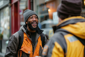 Fototapeta premium Friendly Exchange Among Couriers Preparing for Their Next Routes Outside a Cafe