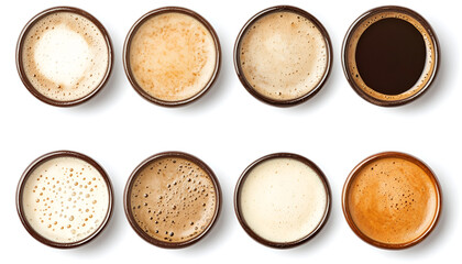 Aromatic coffee foam isolated on white, set. Top view