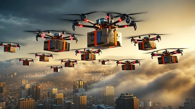 A swarm of drones delivers packages over a bustling city under a dramatic sky during sunset