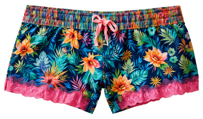colorful floral pattern shorts with pink lace trim and vibrant tropical design perfect for summer beachwear and casual fashion