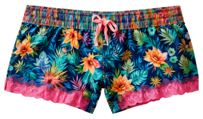 colorful floral pattern shorts with pink lace trim and vibrant tropical design perfect for summer beachwear and casual fashion