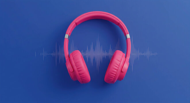 Horizontal banner with Fuschia color Podcast headphones and waveform İndigo color background, copy space.