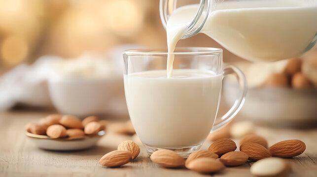 Pouring almond milk from a glass jug into a cup, slowmotion effect, creamy and smooth texture, softfocus background, hyperrealistic food photography
