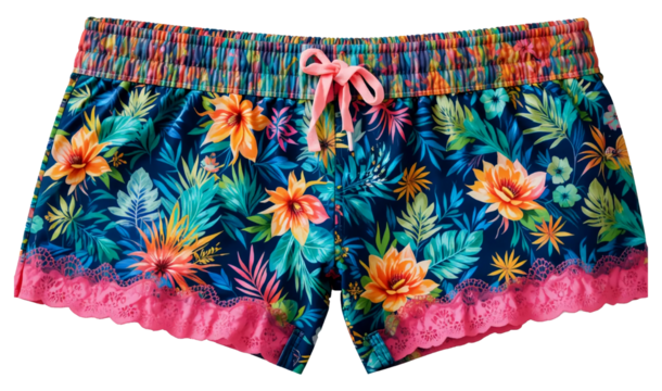 colorful floral pattern shorts with pink lace trim and vibrant tropical design perfect for summer beachwear and casual fashion