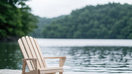 Wooden Adirondack Chair by Lake, Relaxing View