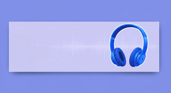 Horizontal banner with royal blue color Podcast headphones and waveform periwinkle color background, copy space.