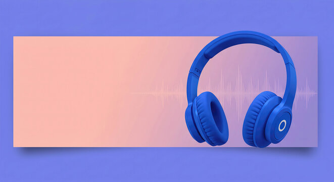Horizontal banner with royal blue color Podcast headphones and waveform periwinkle color background, copy space.