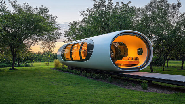 Futuristic hyperloop train speeds through lush green valley powered by renewable energy showcasing sustainable transport technology