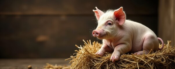 Hairy pig perched on a bundle of straw, legs stretched out sideways, pig, pose, halting